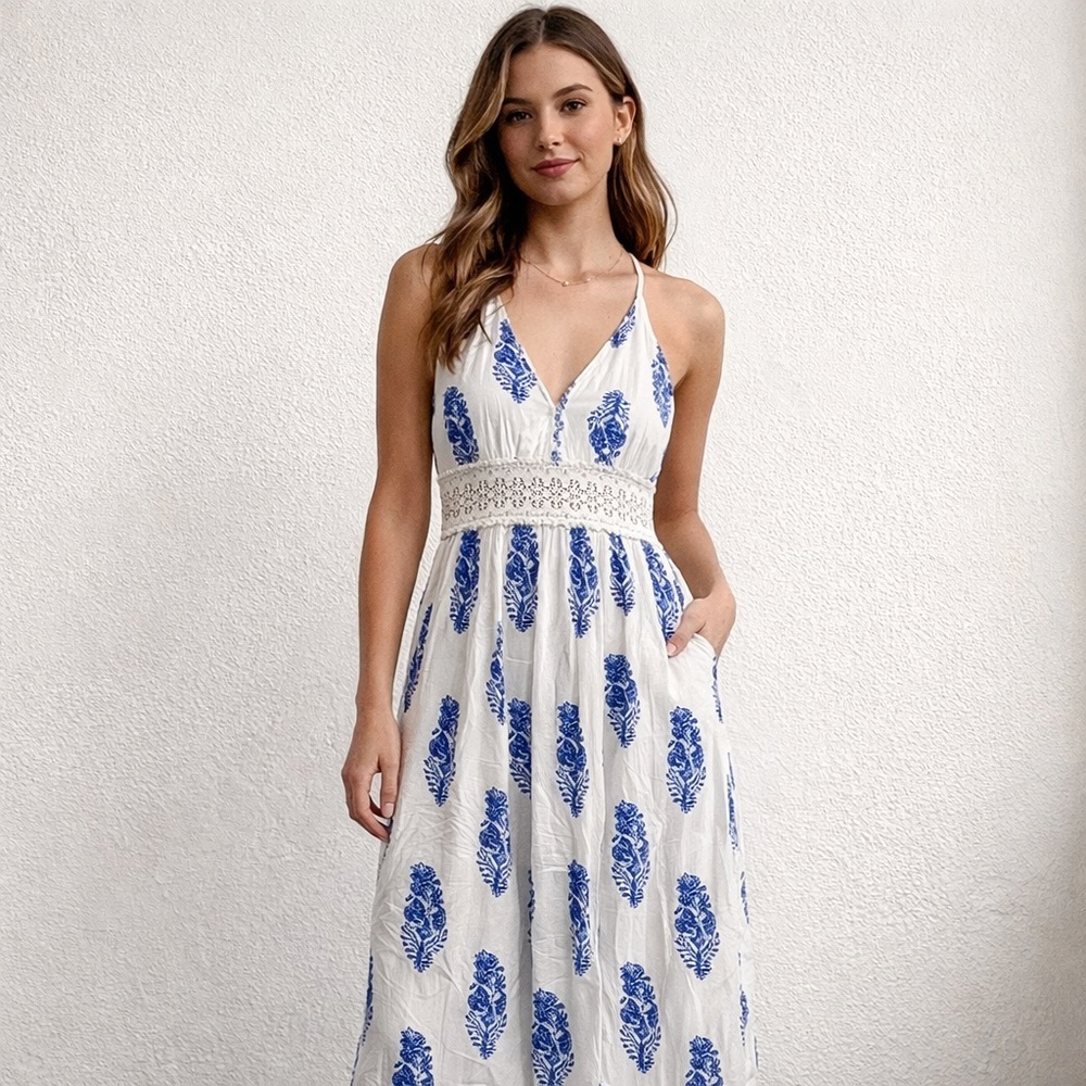 Fashion Nova White and Blue Maxi Dress